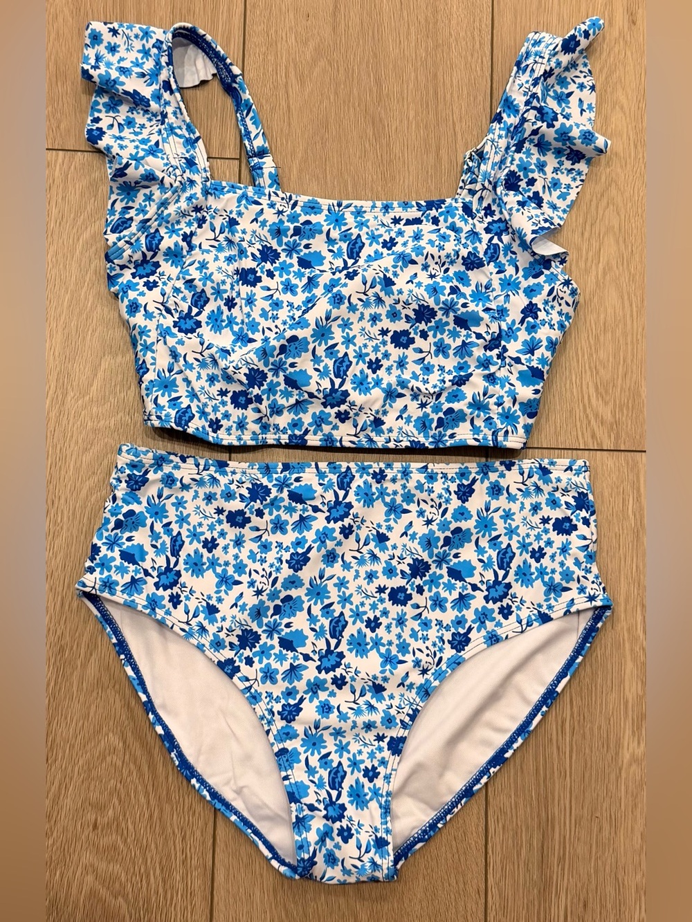 Brand new - Blue Floral Girls' Two-Piece Swim Set - Ruffled Straps-size 15/16yrs